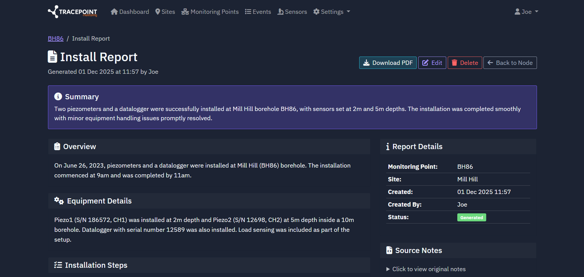 AI-generated install report from uploaded site notes in TracePoint.