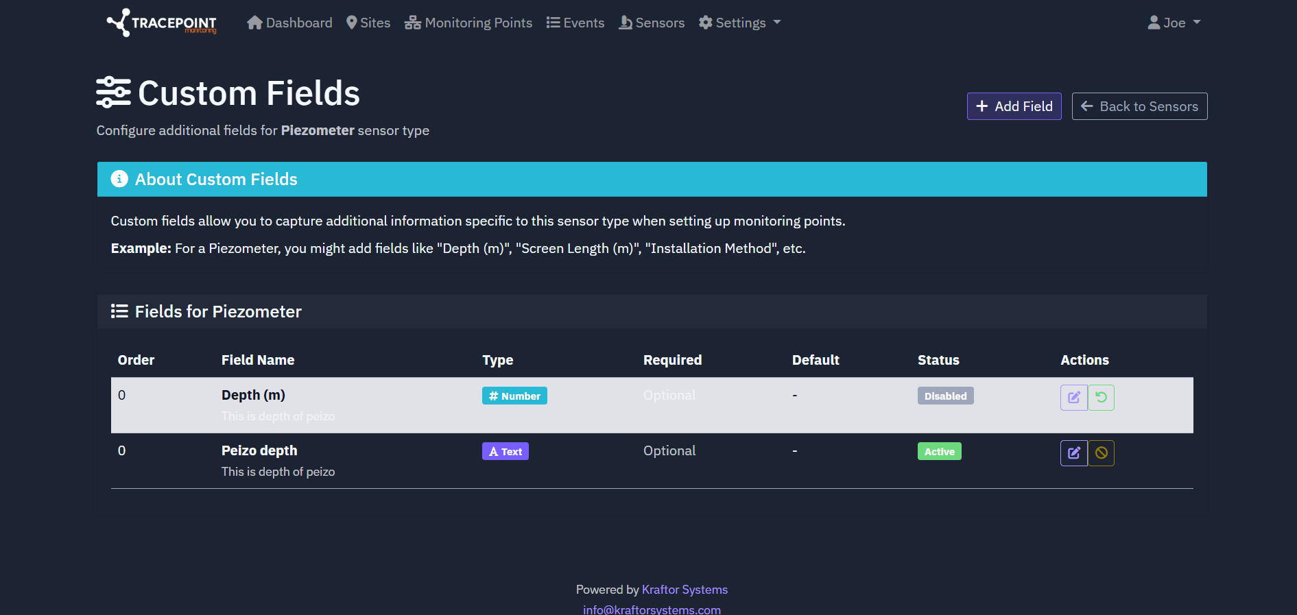 Custom Sensor creation and maintenance tracking interface in TracePoint.