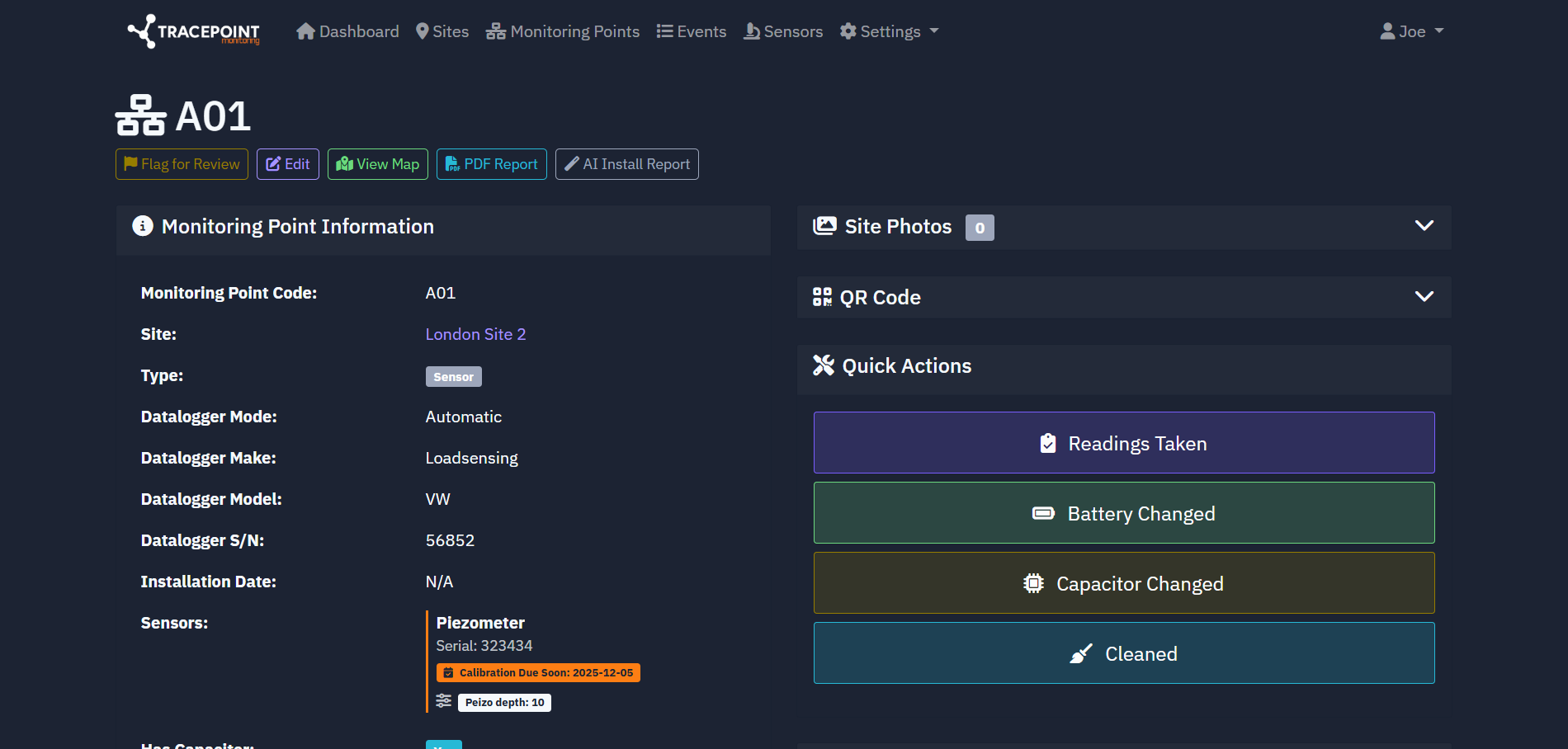 Monitoring point lifecycle profile with sensor and logger details in TracePoint.