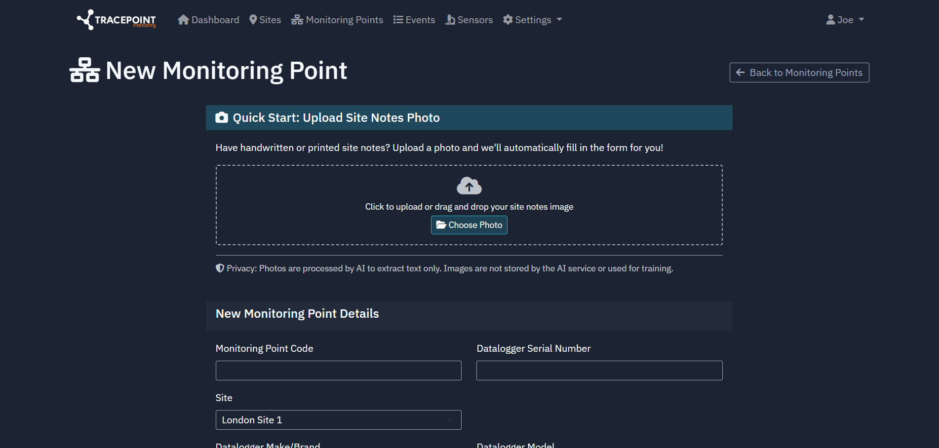 Monitoring point creation page in Tracepoint showing use of AI to create a monitoring point
