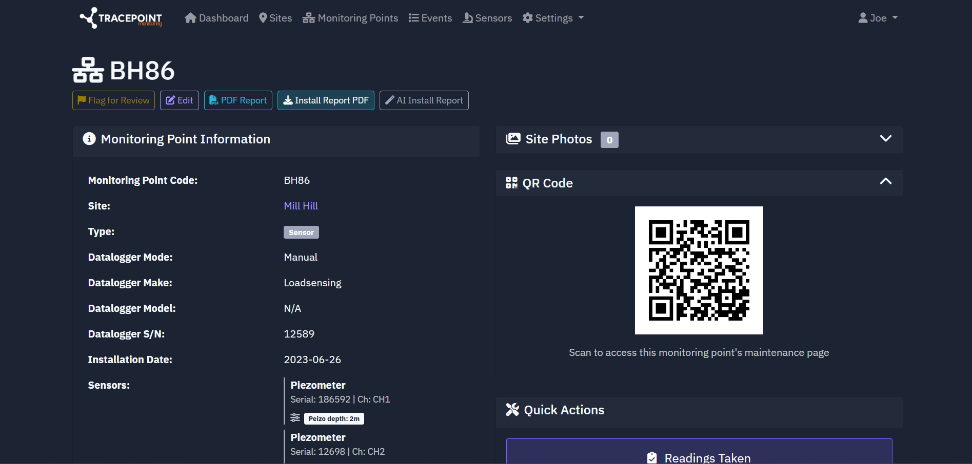 QR code access to monitoring points in TracePoint.