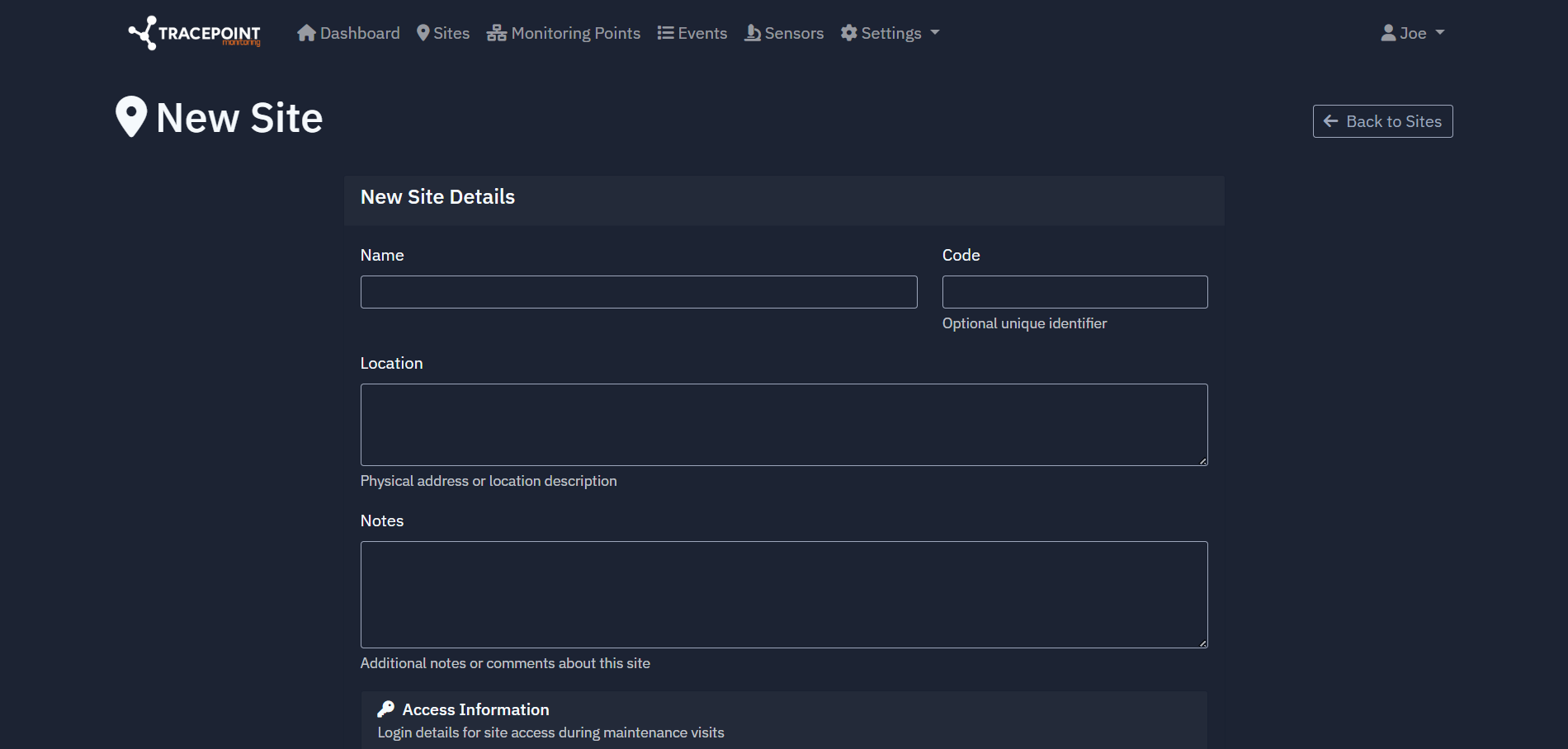 Site creation page on Tracepoint